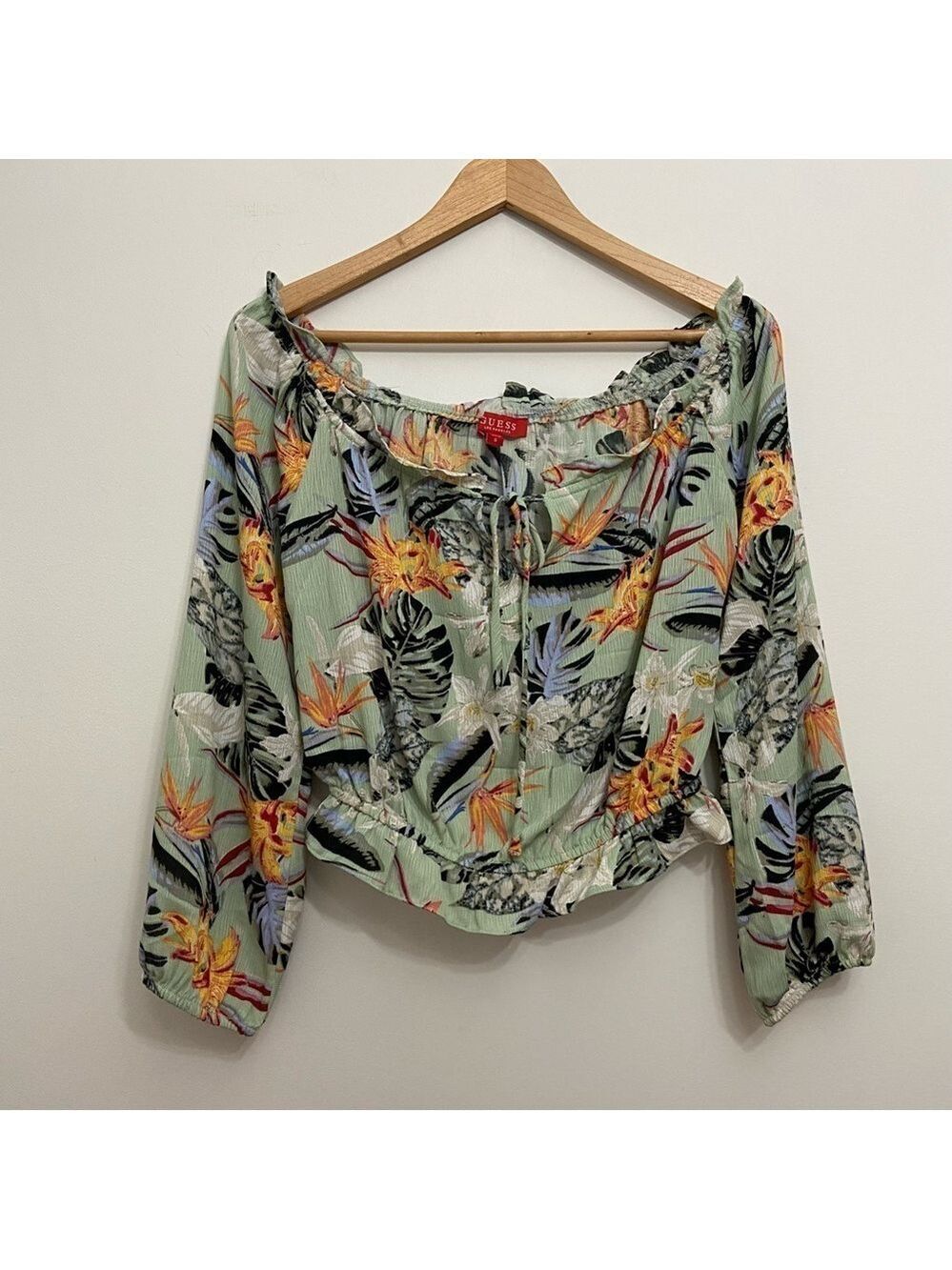 Guess  tropical top green yellow orange crop oversized blouse smock small